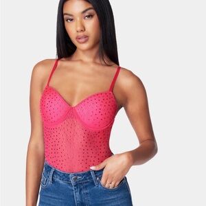 bebe • Rhinestone Mesh Bodysuit • Pink Peacock • Size Large • NWT